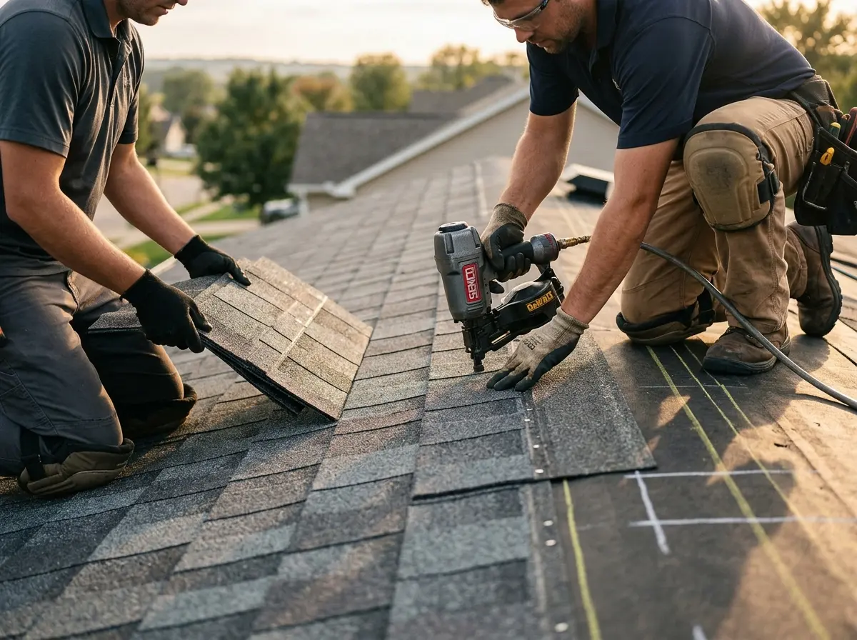 Professional roofer working on a residential roof in Wood-Ridge